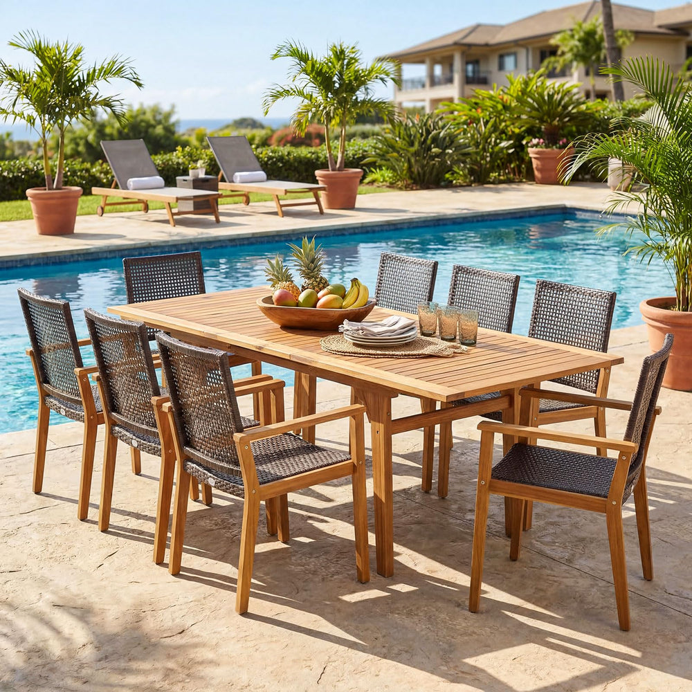 Tangkula 9 Pieces Patio Table and Chairs Set with Acacia Wood Expandable Table and 8 PE Rattan Armchairs
