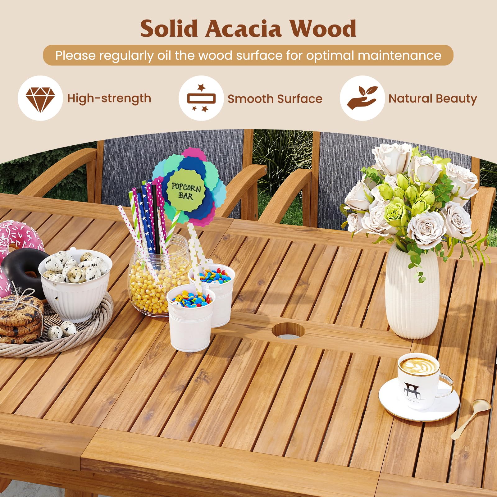 Tangkula 9 Pieces Patio Table and Chairs Set with Acacia Wood Expandable Table and 8 PE Rattan Armchairs