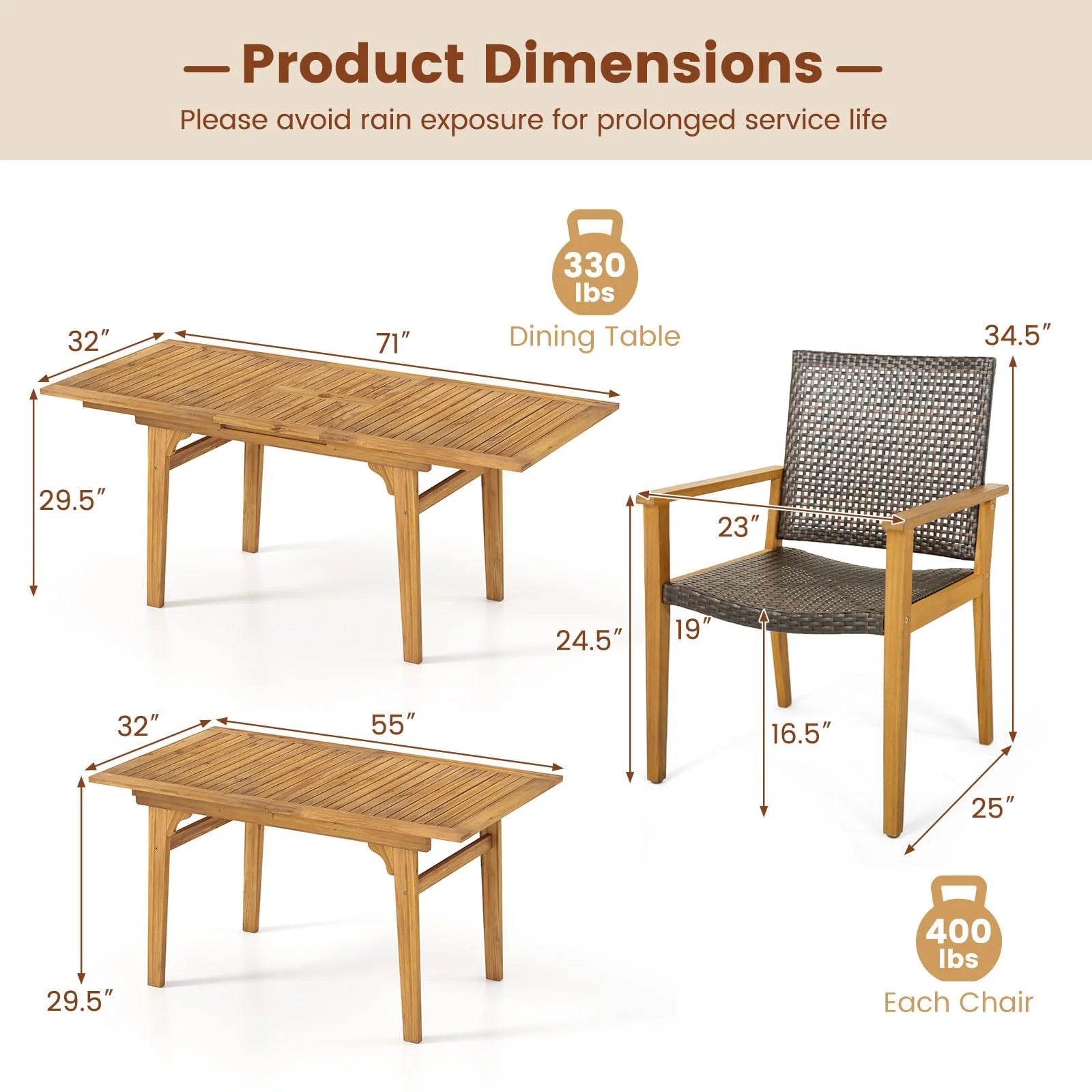 Tangkula 9 Pieces Patio Table and Chairs Set with Acacia Wood Expandable Table and 8 PE Rattan Armchairs