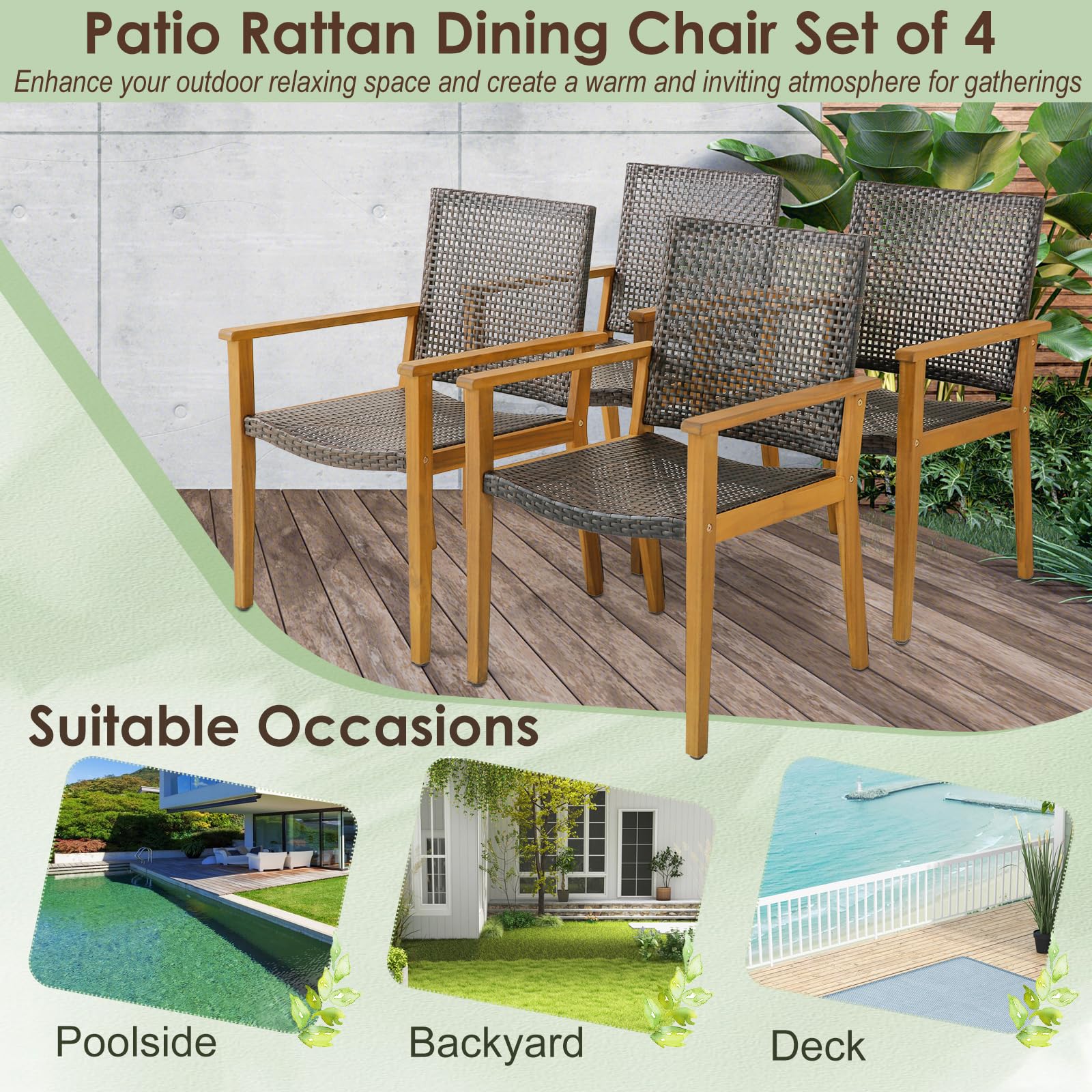 Tangkula 9 Pieces Patio Table and Chairs Set with Acacia Wood Expandable Table and 8 PE Rattan Armchairs