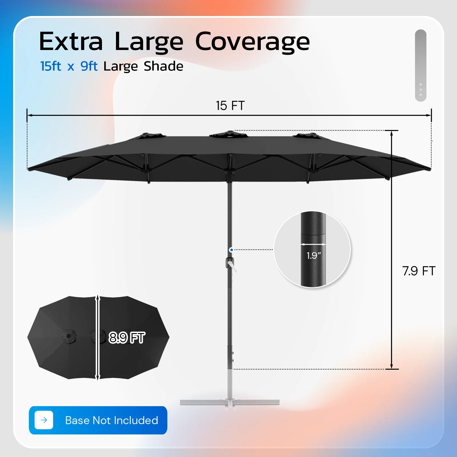 AECOJOY 15x9ft Double-Sided Patio Umbrella, Black