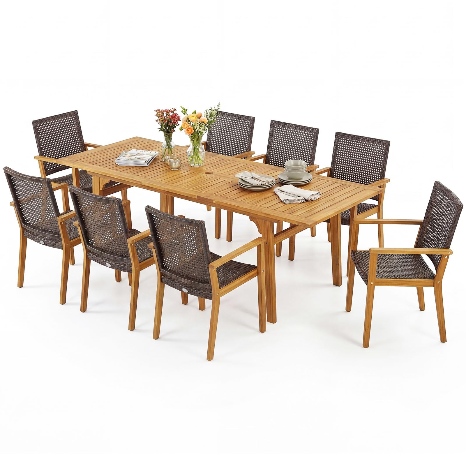 Tangkula 9 Pieces Patio Table and Chairs Set  with Acacia Wood Expandable Table and 8 PE Rattan Armchairs