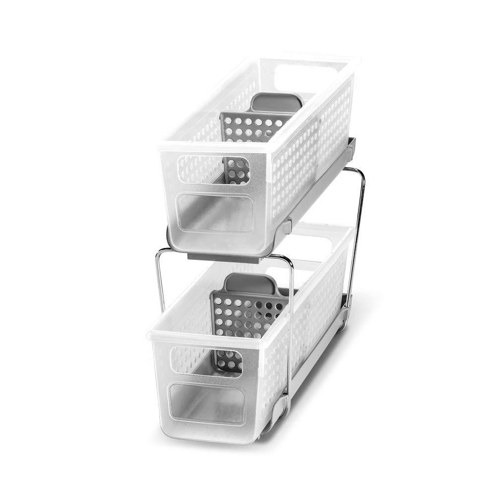 Madesmart 2-Tier Organizer Bath Collection Slide-Out Baskets with Handles, Space Saving, Multi-Purpose Storage & BPA-Free, Mini, Frost-With Dividers