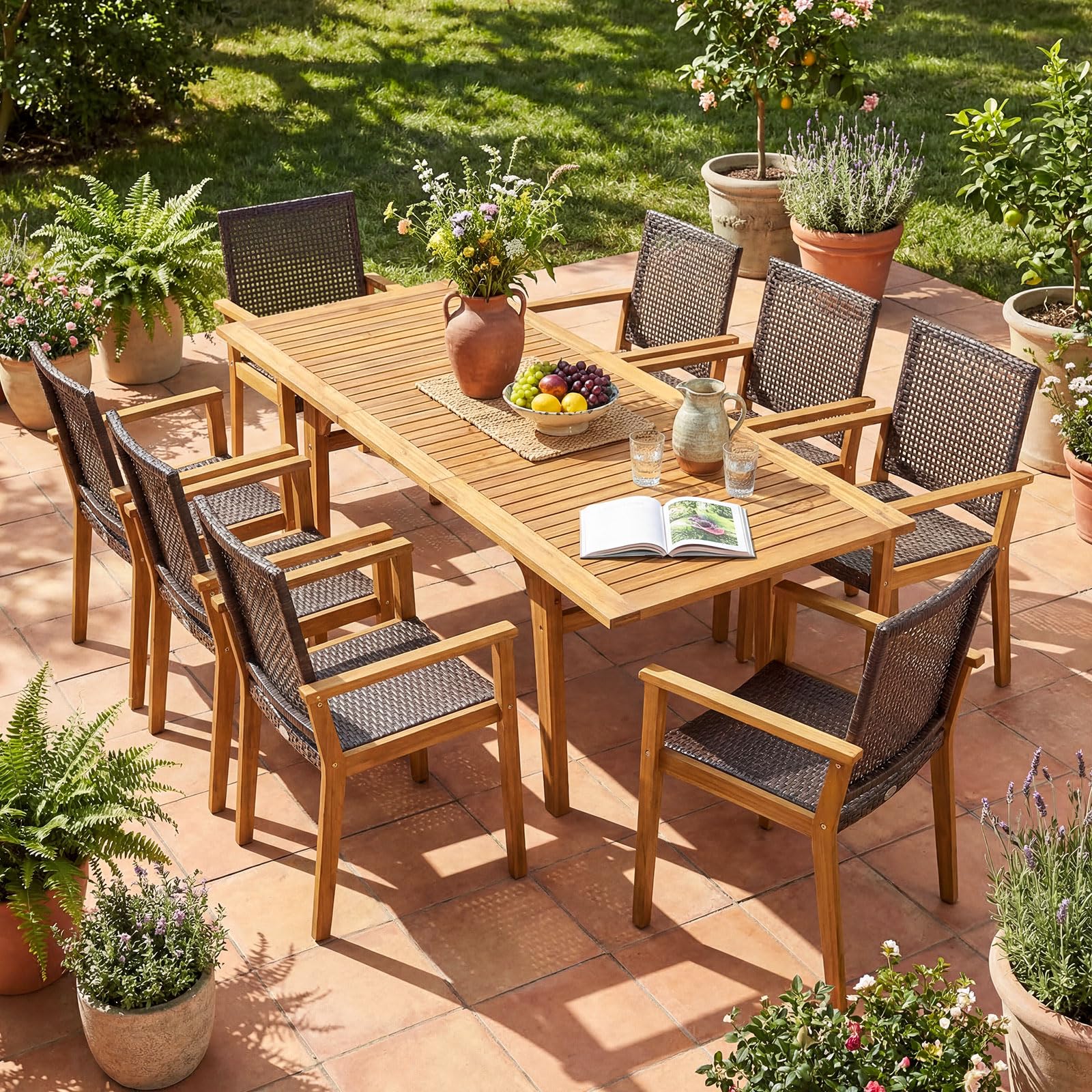 Tangkula 9 Pieces Patio Table and Chairs Set  with Acacia Wood Expandable Table and 8 PE Rattan Armchairs