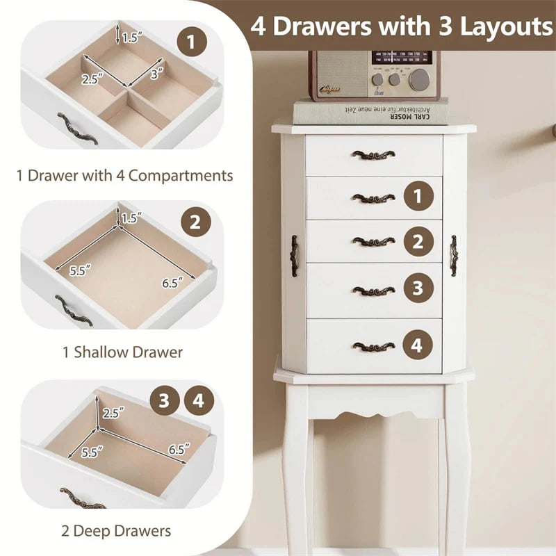 Standing Jewelry Armoire Cabinet with Flip Top Mirror, 4 Drawers, 2 Side Doors & Necklace Hooks, Vintage Wood Jewelry Storage Organizer Chest