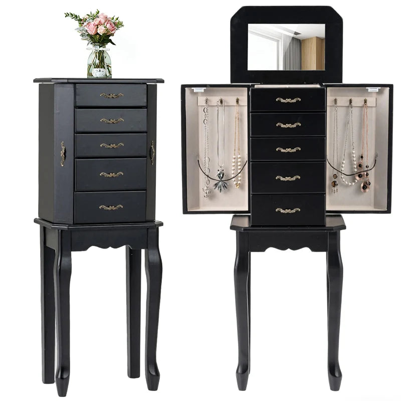 Standing Jewelry Armoire Cabinet with Flip Top Mirror, 4 Drawers, 2 Side Doors & Necklace Hooks, Vintage Wood Jewelry Storage Organizer Chest